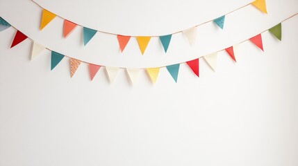Obraz premium Colorful festive garlands with triangular flags hanging against a plain white wall, cheerful party decoration for birthday celebration, kids event, or holiday interior design