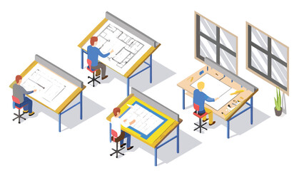 Obraz premium Isometric view of architects working on drafting tables with blueprints and windows in the background scene
