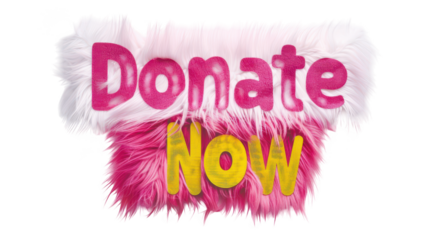 The words donate now in glittery pink and yellow text with fluffy pink and white fur isolated on transparent background