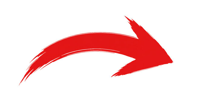 Hand-drawn red arrow with a grunge brushstroke texture. Curved pointer symbol indicating direction, isolated on a white background.