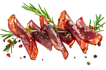 Dry cured sausage slices arranged with fresh rosemary sprigs and peppercorns isolated on white or transparent png creating a visually appealing food presentation.