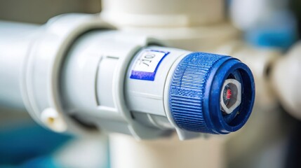 Close-up of a white plastic fitting with a blue cap.