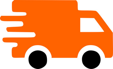 Fast delivery truck icon, speeding orange van, swift transportation symbol.