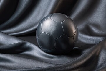 Matte black soccer ball atop satin cloth folds side-lit with deep contrast shadows and glossy fabric texture detail