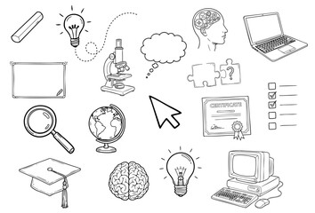 set of hand drawn education vector elements, doodle art for study