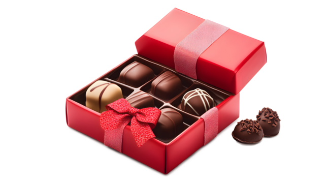 A red box with a red ribbon on it. Inside the box are six chocolates. The chocolates are in different shapes and sizes