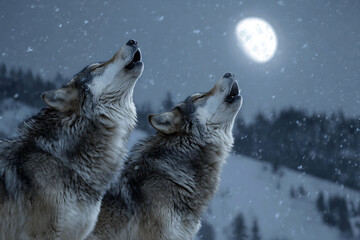 Two Wolves Howling at a Radiant Full Moon Under a Starry Sky – Night Wilderness Scene