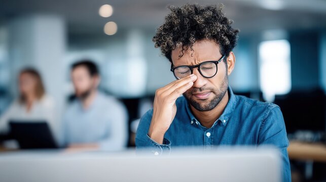 Person experiencing eye strain at their computer.