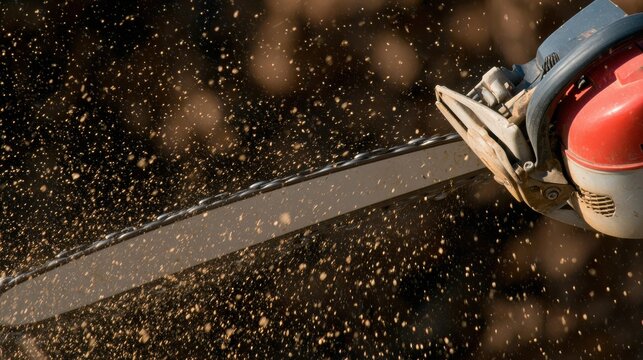 Close up of a chainsaw with a metal blade cutting through wood saw dust in the air and a blurry brown background during