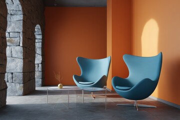 Minimal bold interior with tangerine fabric walls electric blue armchairs raw stone floor golden hour light from left creating