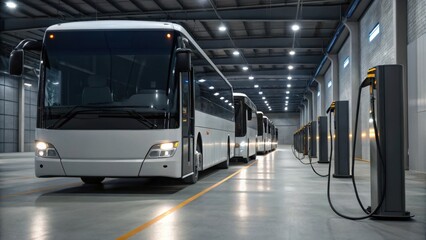 Fototapeta premium A row of modern electric buses is parked inside a spacious, well-lit garage, connected to charging stations along the wall.