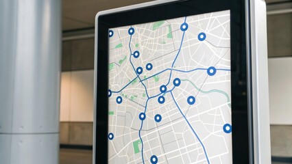 A digital map display at a transit station shows marked locations and routes, aiding navigation and urban travel planning.