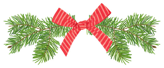 Two pine twigs tied stripped ribbon with bow. Festive illustration isolated on white background for greeting cards, invitations, gift packaging, home decor, stationery, scrapbooking.