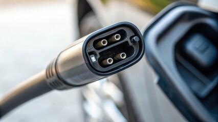 Obraz premium Close-up of an electric vehicle charging plug inserted into a car's charging port, highlighting clean energy and automotive technology.