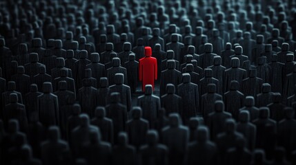 Obraz premium Unique figure stands out among countless dark silhouettes in an abstract representation of individuality and conformity