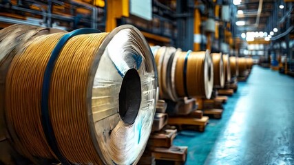 video of Electric cables coiled on wooden factory spools for storage. Cable manufacturing process. Reels with wound wires