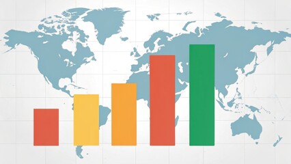 A colorful bar chart with five bars of varying heights is displayed over a world map background.