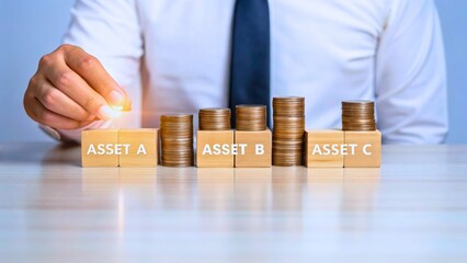 Financial Investment Growth with Assets A, B, and C Represented by Stacked Coins