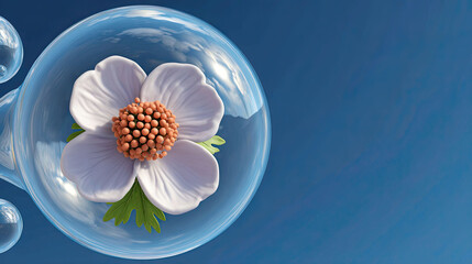 3d illustration of air bubble inside which a white delicate flower on an isolated light blue background.