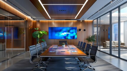 Modern conference room with a long table, chairs, and a large screen, showcasing a bright and professional office space.