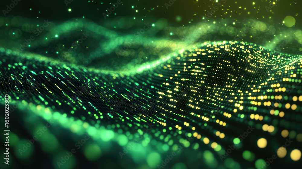 Poster flowing green and yellow binary data stream with glowing digital lines and particles, representing t