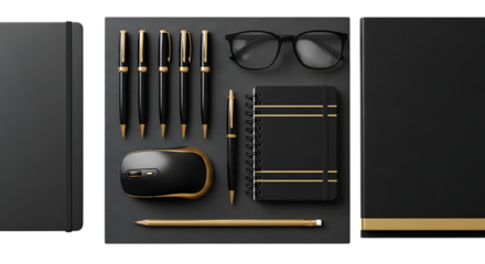 Elegant black stationery set with pens notebook and glasses