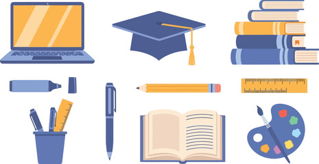 An illustration of school supplies including a laptop, books, and a graduation cap on a white background