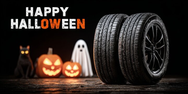Wet tires with Halloween decorations including jack-o'-lanterns, ghost and black cat