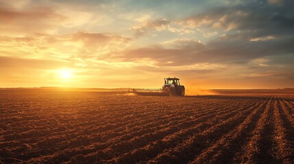Fototapeta premium A photo-realistic scene of a tractor plowing soil in a vast field at golden hour, showcasing high-efficiency farming practices.