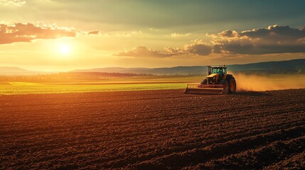 Fototapeta premium A realistic portrayal of a tractor plowing soil in a vast field at golden hour, showcasing high-efficiency farming practices.