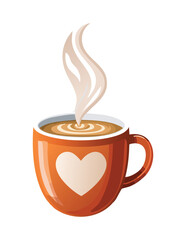 Steaming Coffee Orange Heart Mug - Vector Illustration