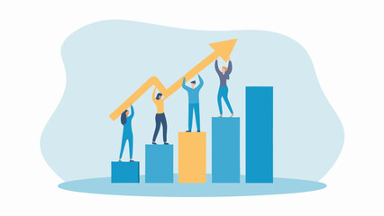 Teamwork success with people raising an arrow on bar graph depicting growth and achievement together