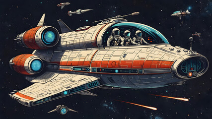 Retro Spaceship With Astronaut Crew