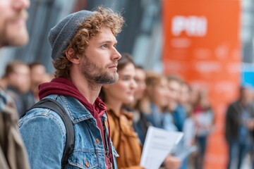 Young man attentively listening during a job fair with crowd in background