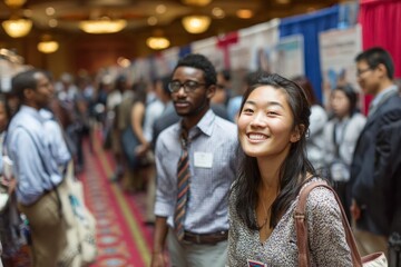 Young professionals networking at a vibrant job fair