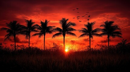 Obraz premium Silhouetted palm trees stand against a fiery red and orange sky, with birds flying in the background, creating a beautiful contrast.