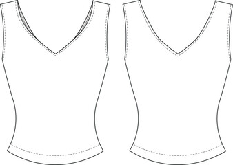 sleeveless v neck backless fit elastic bodycon blouse top template technical drawing flat sketch cad mockup fashion woman design style model 
