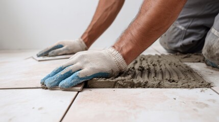 A close-up of a worker laying tiles with precision, showcasing craftsmanship in home improvement and construction.