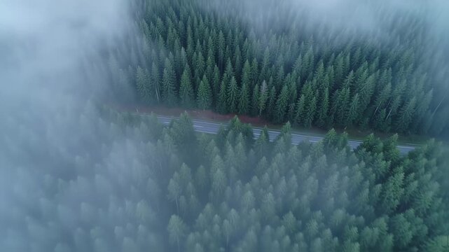 Misty Forest Road - Aerial Drone Shot