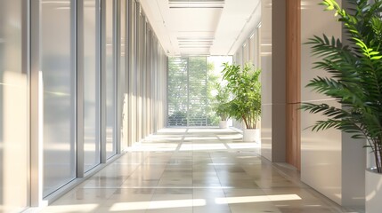 Obraz premium A bright, modern hallway with large glass windows and potted plants.