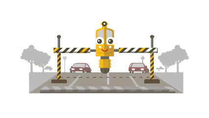 Cartoon traffic light with face and two cars on the road with trees in the background illustration