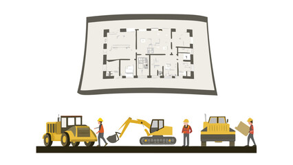 Construction site with blueprint of a house above workers and heavy machinery on a dark ground line