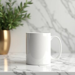 Mug mockup  a plain white mug on a marble surface with a gold vase and plant in the background creating a simple scene