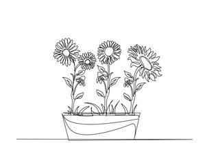 Sunflower in the pot outline drawing illustration. one continuous line drawing of houseplant - sunflower.