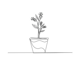 Beautiful flowers in the pot outline drawing illustration. one continuous line drawing of houseplant interior flower.