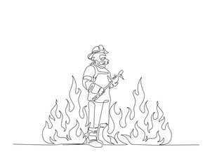 Firefighter standing on fire flames outline drawing illustration. one continuous line drawing of firefighter with hot fire background.