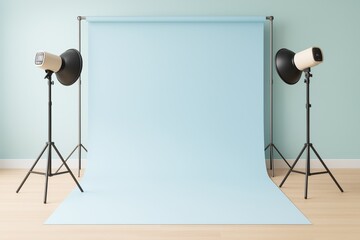 Empty photography studio setup with soft blue paper backdrop and lighting equipment in modern interior room for creative branding template background.