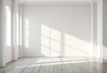 Sunlit empty room with white walls, light wood floors, and tall windows casting shadows on the wall and floor