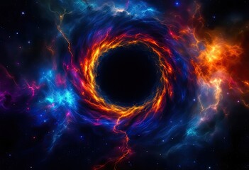 A swirling vortex of vibrant nebulae, predominantly blue, purple, and orange, encircles a dark, central void, resembling a cosmic gateway or black hole against a backdrop of scattered stars