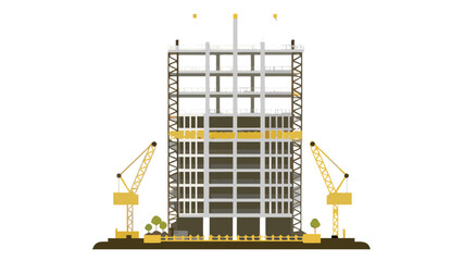Illustration of a high rise building under construction with two cranes and a few small trees